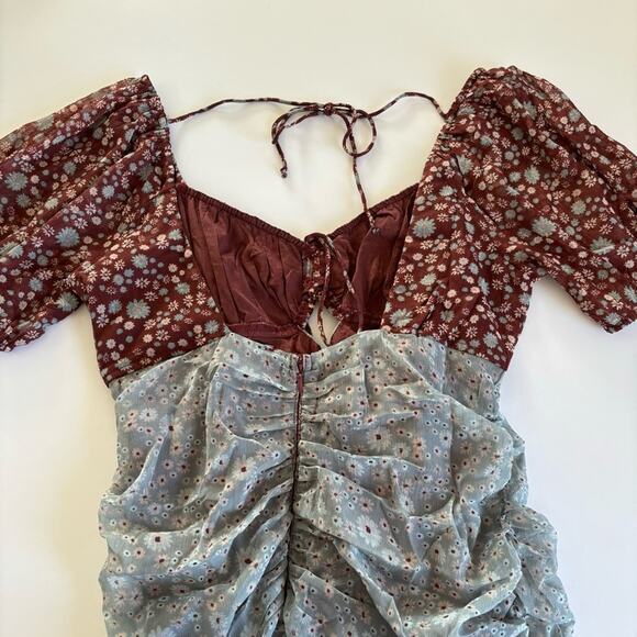 Free People Tessa Storm Combo Boho Floral Print Ruched Mini Dress Size Medium - Picture 9 of 10